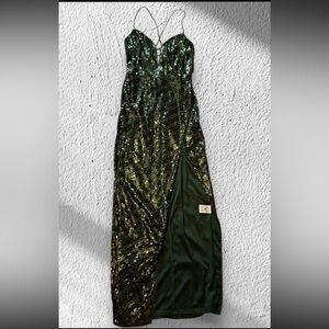 Valiant Paris Green Sequin Maxi Dress Gown High Slit Size Small
